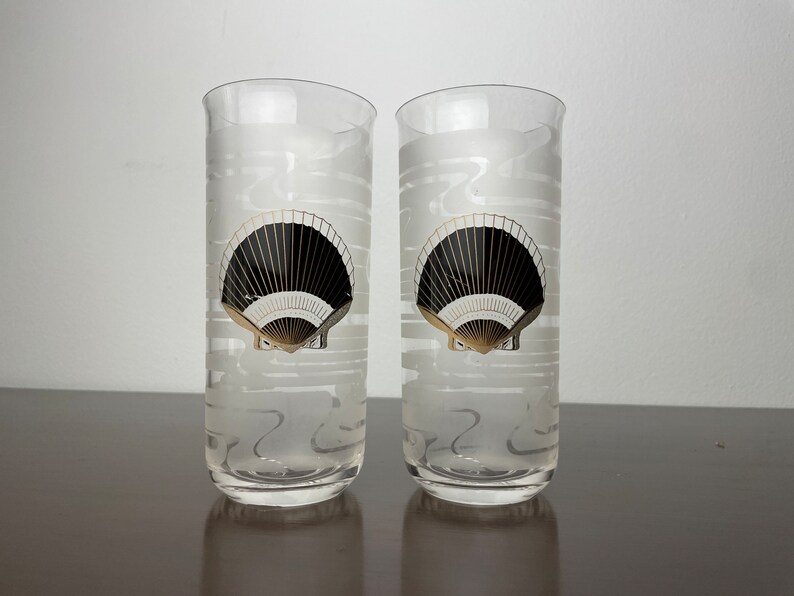 Culver SeaShell Highball Gläser/Becher, Vintage Kunststoff Barware Trinkgläser, MCM Stil, Post Modern, Gold und Schwarz Bild 6