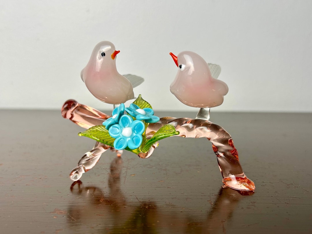 Vintage Murano Italy Art Glass Miniature Love Birds on Branch With