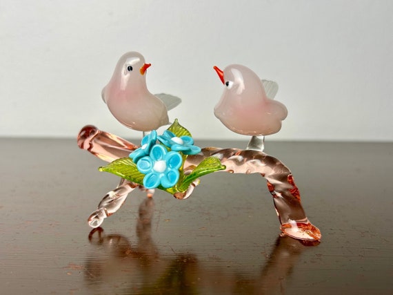 Vintage Murano Italy Art Glass Miniature Love Birds on Branch With