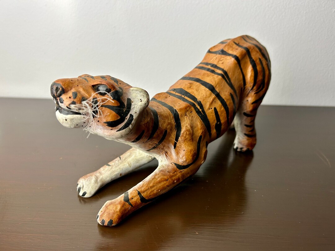 Mid Century Hand Crafted Leather Wrapped Crouching Tiger Statue