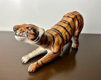 Mid Century Hand Crafted Leather Wrapped Crouching Tiger