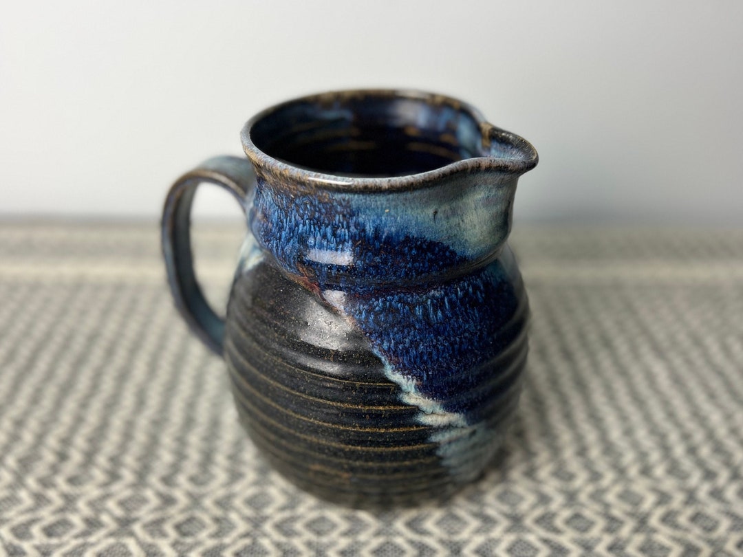 Vintage Signed Wheel Thrown Studio Art Pottery Blue Brown Drip Glaze ...