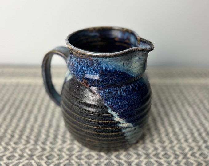 Vintage Signed Wheel Thrown Studio Art Pottery Blue Brown Drip Glaze ...