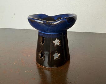 Quemador de aceites esenciales de cerámica con diseño de luna y estrellas celestiales para aromaterapia y meditación, calentador de cera bohemio con portavelas.