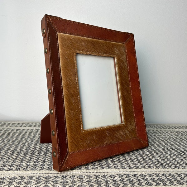 Vintage Horse Hair Genuine Leather Tabletop Photo 5x7 Frame by Drexel Heritage, Unique Rustic Picture Display, Lodge/Cabin Western Decor