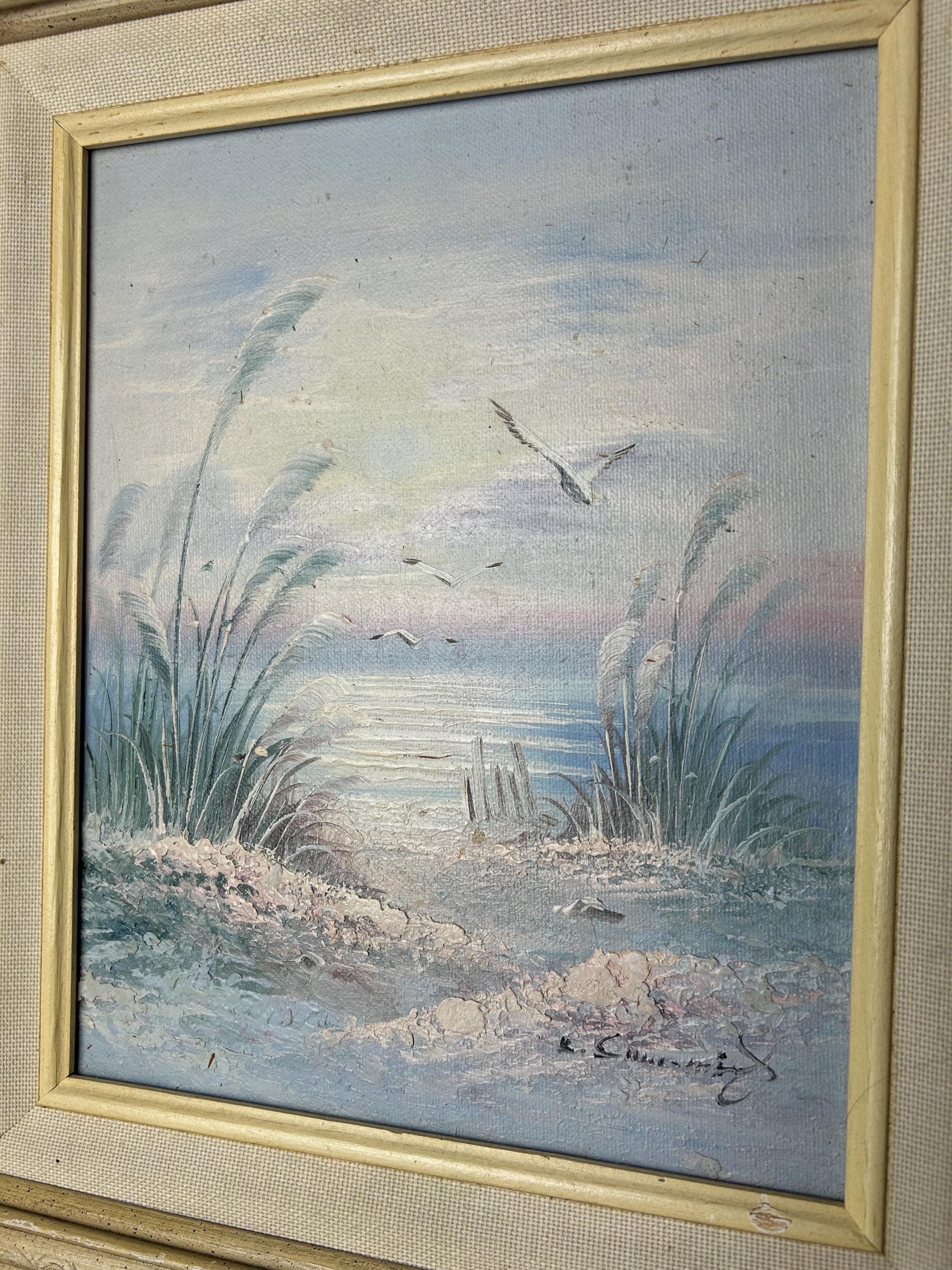 ヴィンテージ パステル ビーチ カモメ/砂丘 海辺 額入り油絵「K