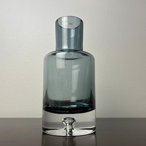 Vintage Krosno Poland Smoke Blue/Grey Glass Bubble Base Bedside Carafe Tumble Up Decanter, Polish Art Glass, Contemporary MCM style