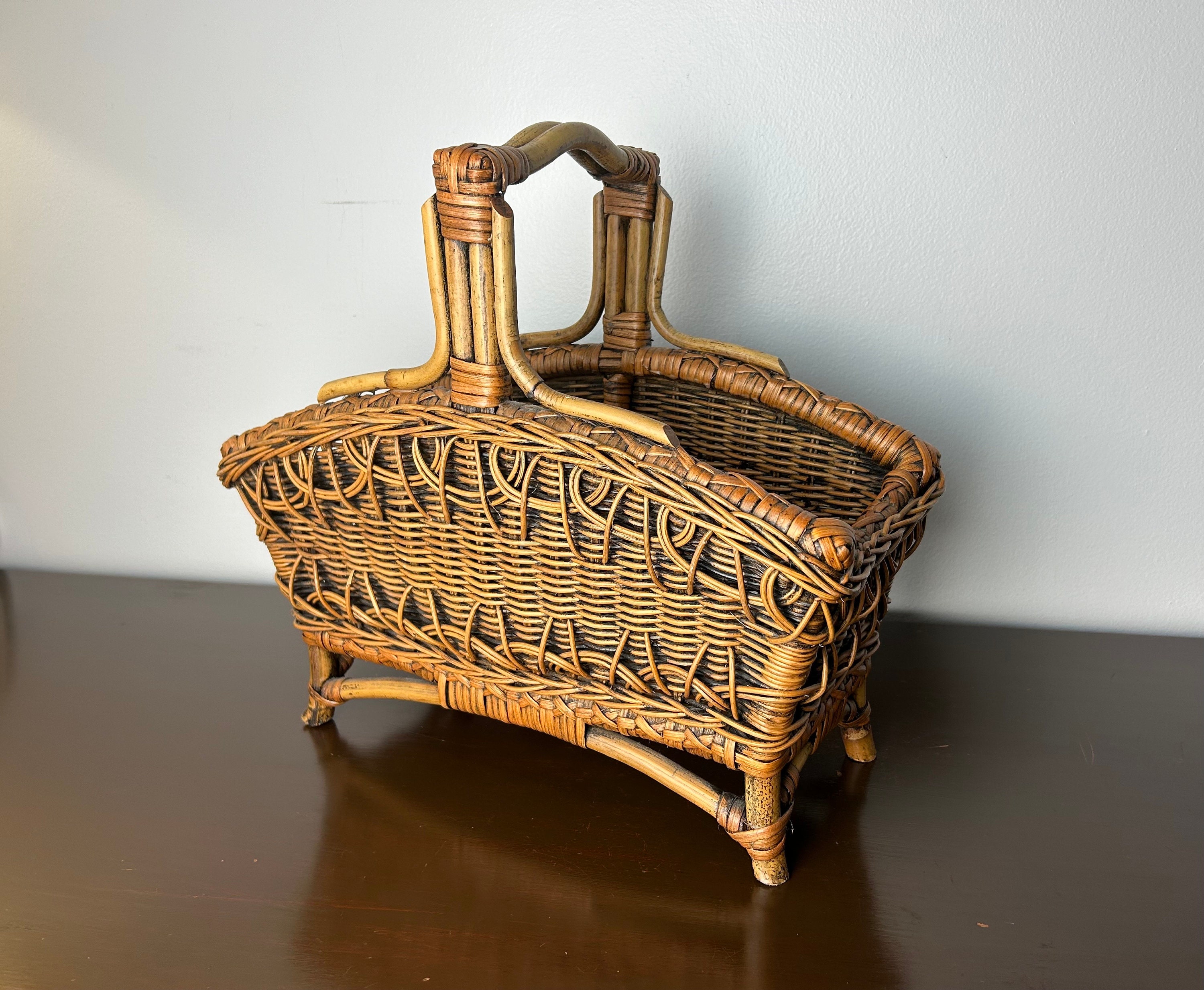 Vintage Rattan Wood Wicker Magazine/Newspaper Rack Holder, Natural Earthy Home Storage, Mid Century Boho/Bohemian Livingroom/Office Decor
