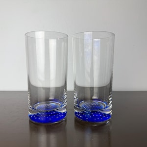 Vintage Bormioli Rocco Cobalt Blue Controlled Bubbles Highball Tumblers Set of 2, Italian Cocktail Drinking Glasses, Art Glassware Italy