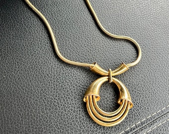 Vintage 1970’s signed Crown Trifari Goldtone Metal Pendant Snake Chain Necklace, Abstract Modernist Pendant, Statement Costume Jewelry