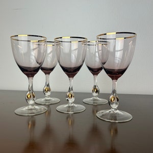 Vintage Jozef Stanik Golden Zuzana Czech Amethyst Glass Gold Rim Wine Glasses Set 5, Mid Century Modern Barware, MCM Stemware/Cocktail