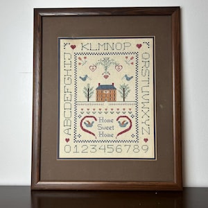Vintage ABC Alphabet Finished Cross Stitch Embroidery Sampler Framed Art, 1980s Primitive Country Folk Artwork Wall Decor, Retro Kitsch