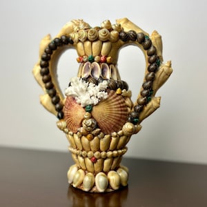 Antique Handmade Seashell Covered Ceramic Vase, Statement Beach House Decor, Coastal Grandma Decor