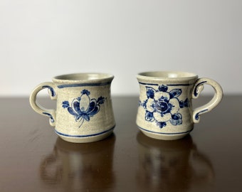 Vintage English Cottage style Hand Painted Blue Floral Ceramic Coffee Mugs Set, Handmade Wheel Thrown Pottery