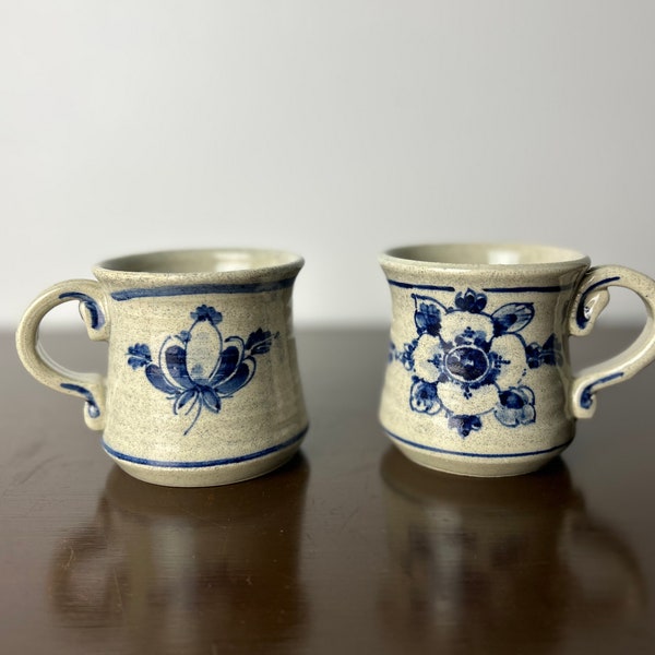 Vintage English Cottage style Hand Painted Blue Floral Ceramic Coffee Mugs Set, Handmade Wheel Thrown Pottery