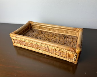 Vintage Bamboo Wood & Wicker Decorative Tray, Palm Beach Regency Coffee Table Accent Decor, MCM/BOHO Vanity/Dresser Perfume Plate Dish