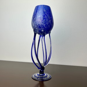 Blue Jellyfish Pedestal Bowl/Candleholder, Krosno Glass, Polish Handblown Art Glass, Modernist Sculptural Glass