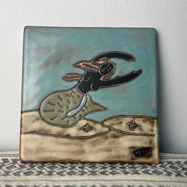 Vintage Art Pottery Mermaid Beach Theme Wall Tile by Mara Mexico, Mexican Ceramic Stoneware Trivet/Hot Plate, Ocean/Nautical Kitchen Home