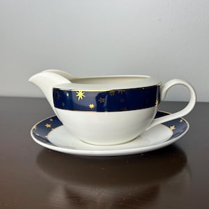 Vintage 90s Galaxy Blue Porcelain Gravy Boat & Plate Set by Sakura, Whimsigoth 1990s Dinnerware Accessories, Witchy Whimsical Astrology