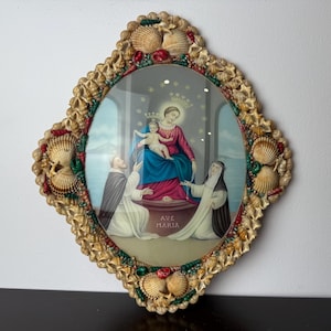 Vintage Madonna & Child snäckskalkonst, katolsk väggdekoration