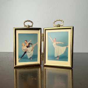 Vintage Small Hinged Bifold Gold Metal Double Picture Frames, Mid Century Book Frames Set, Antique Victorian Vanity Bedroom Portrait Display