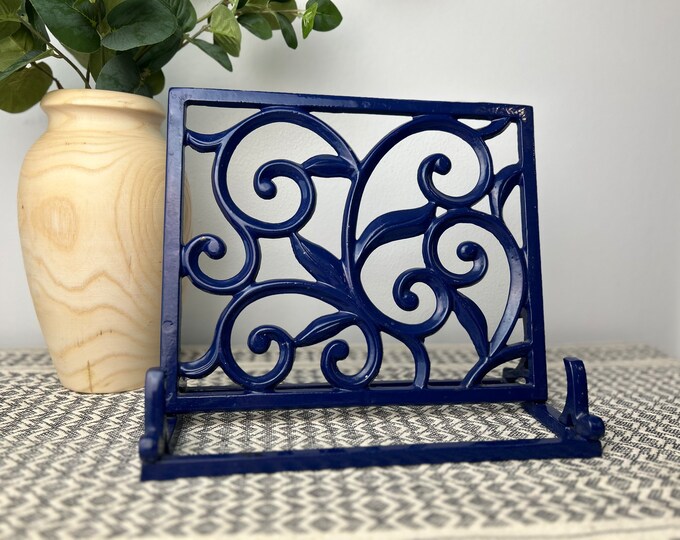 Vintage Blue Enamel Heavy Wrought Iron Cookbook Recipe Stand, Metal