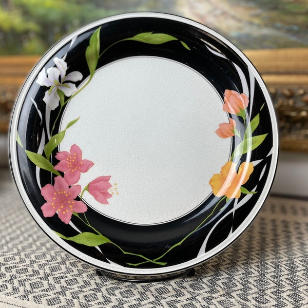 1980’s Post Modern Ceramic Dinner Plate by Sangostone “Memories”, Black & White Floral Plate, 1990’s Dinnerware