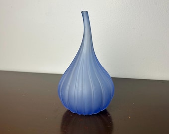 Vintage Salviati Drops Renzo Stellon 2005 Soliflore Sandblasted/Frosted Periwinkles Blue Vase, Signed Murano Art Glass Goard Shaped Vessel