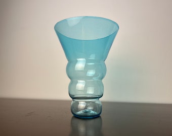 Vintage Signed Light Aqua Blue Handblown Studio Art Glass Vase, Bubble Trumpet Wide Mouth Vase, Unique Glass Decor, MCM Contemporary style