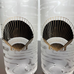 Culver SeaShell Highball Gläser/Becher, Vintage Kunststoff Barware Trinkgläser, MCM Stil, Post Modern, Gold und Schwarz Bild 2