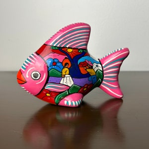 Vintage Mexican Folk Art Terra Cotta Pottery Pink Fish Statue, Colorful Hand Painted Mexico Souvenir Figurine, Talavera
