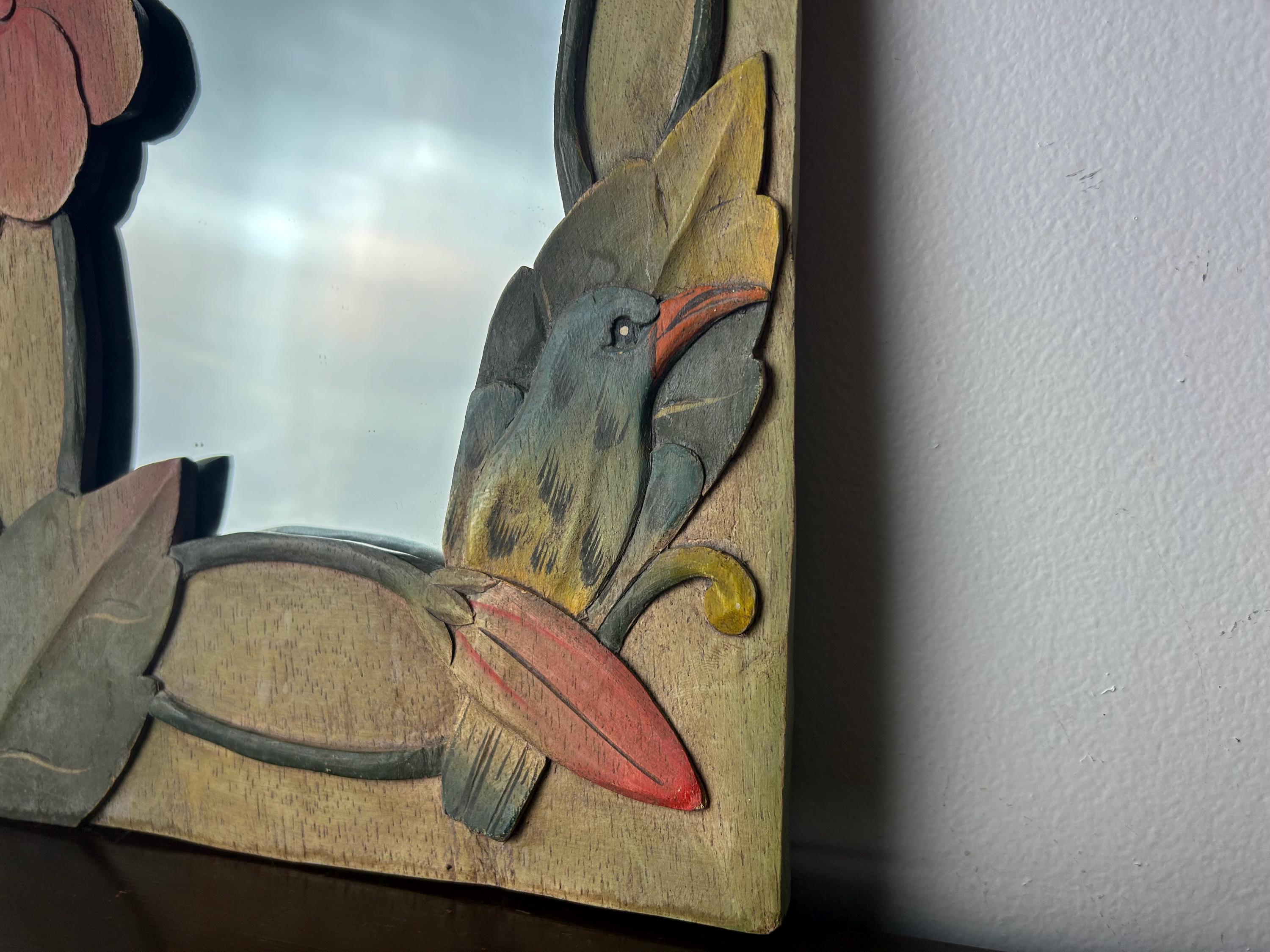 Vintage 1980s Tropical Hand Carved Indonesian Framed Mirror