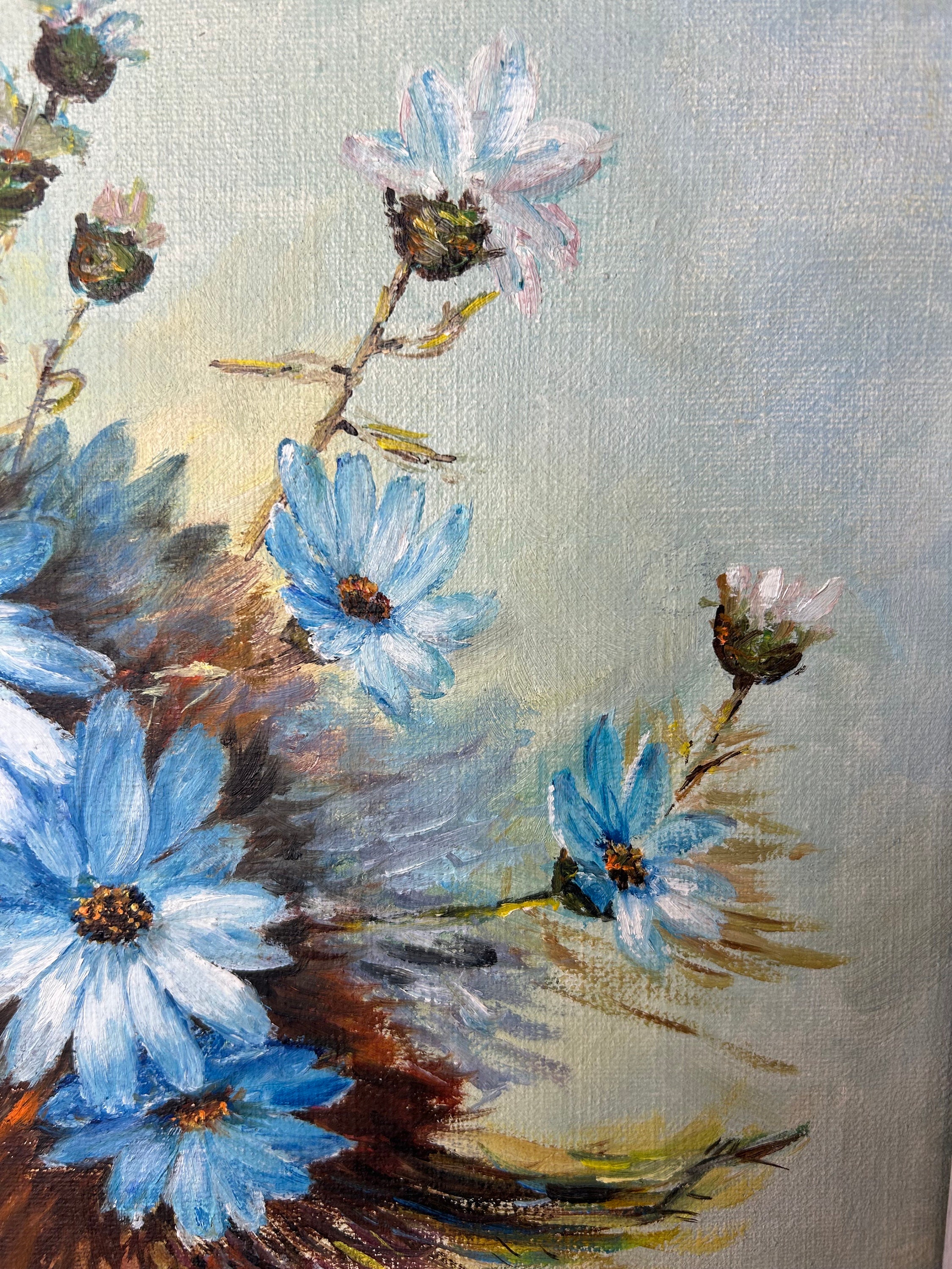 レトロ 油彩画 静物画 デイジー 花瓶 水色 インテリア アート ヴィンテージ ヴィンテージ手描きの静物画、青いデイジーの花のキャンバス画