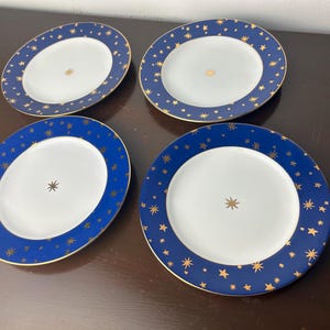 Vintage 90s Galaxy Blue Porcelain 8” Salad Small Plates Set 4 by Sakura, Whimsigoth 1990s Dinnerware Accessories, Witchy Whimsical Astrology