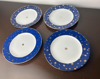Vintage 90s Galaxy Blue Porcelain 8” Salad Small Plates Set 4 by Sakura, Whimsigoth 1990s Dinnerware Accessories, Witchy Whimsical Astrology