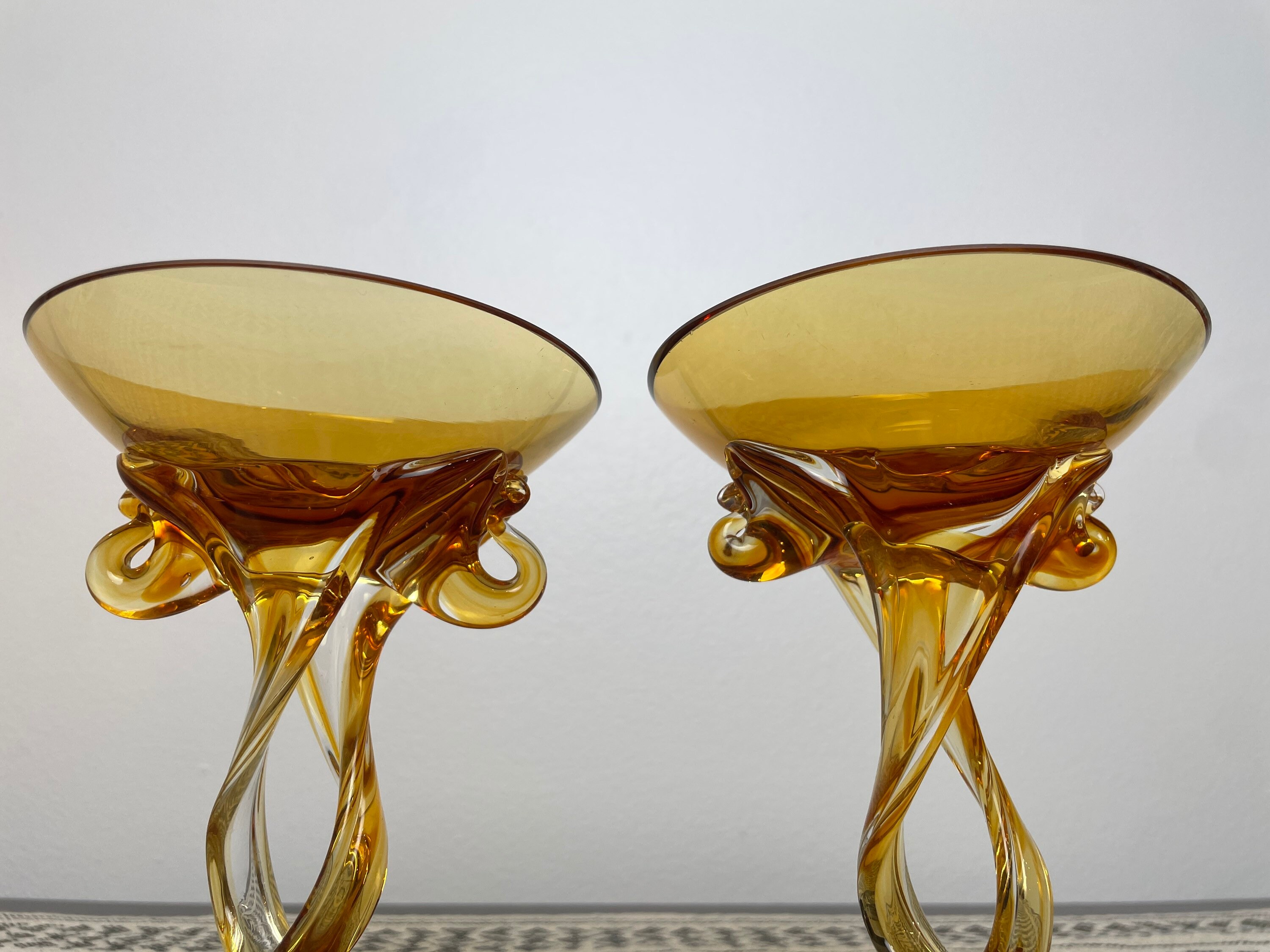 Jellyfish Amber Blown Glass Pedestal Bowl Set, Jozefina Krosno
