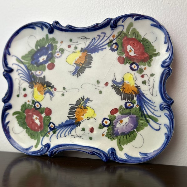 Vintage G. Nikalaou Handpainted Greek Folk Art Pottery Tray/Platter for Serving or Wall Hanging Decor, Colorful Birds & Floral