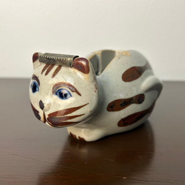 Vintage Pottery Cat Animal Tape Dispenser by Takahashi, Kitty Desktop Home Office/Craft Supplies, Handpainted Ceramic Stoneware Kitten