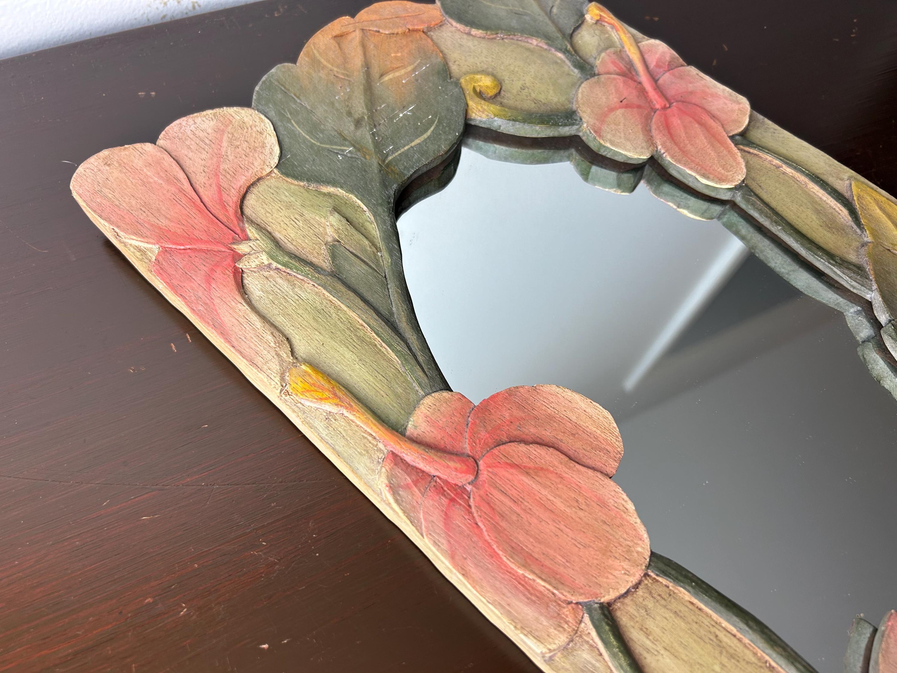 Vintage 1980s Tropical Hand Carved Indonesian Framed Mirror