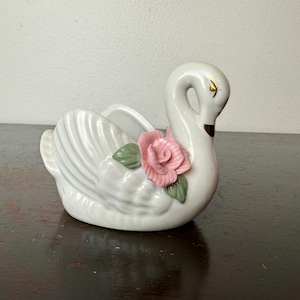 Vintage Porcelain Swan w/Pink Raised Roses Small Trinket Dish/Planter Pot/Q-tip holder