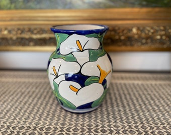 BLUE Talavera Vase BOW STYLE H-10 W-5 Authentic Mexican Pottery Hand painted 