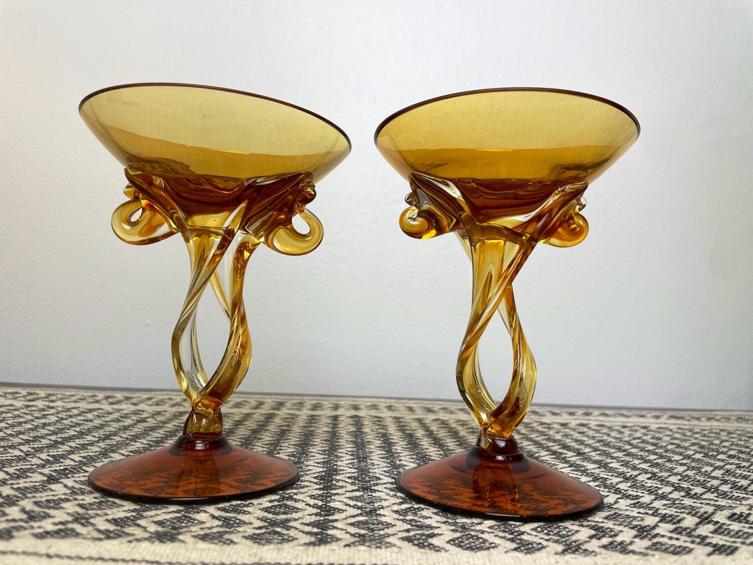 Jellyfish Amber Blown Glass Pedestal Bowl Set, Jozefina Krosno