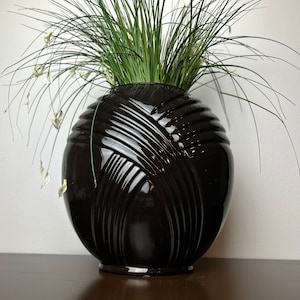 Art Deco Revival Large Black Glazed Ceramic Table Vase, 1980’s Post Modern Era Design, Vintage Black Decor Objects