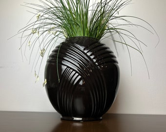 Art Deco Revival Large Black Glazed Ceramic Table Vase, 1980’s Post Modern Era Design, Vintage Black Decor Objects