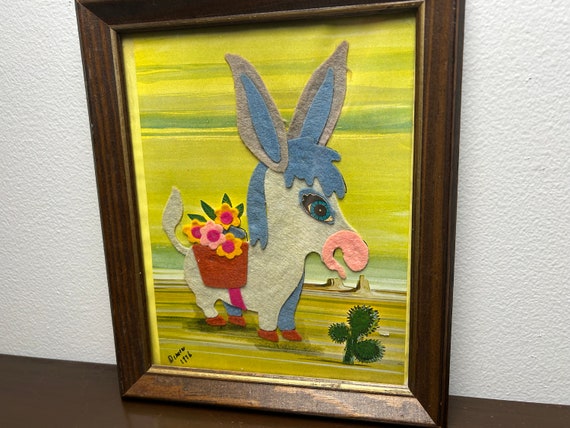 Vintage 70’s Kitsch Kitschy Handmade Felt Donkey & Flower Daisies Painting in Retro Wood Frame, 1970’s Artwork Wall Decor