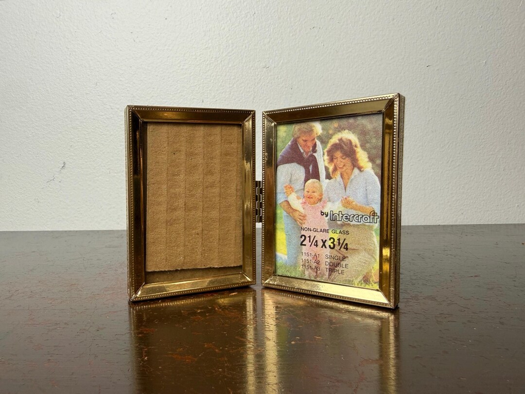 Vintage Small Hinged Bifold Gold Metal Double Picture Frames, Mid ...