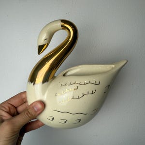 Vintage Schwan Gold & Weiß Keramik Wandbehang Tasche Pflanzgefäß