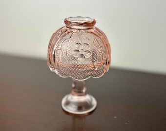 Vintage Pink Floral Pattern Indiana Glass Tiara Fairy Lamp, Tea Light/Votive Candleholder, Daisy Motifs Fairy Lamp Base and Shade