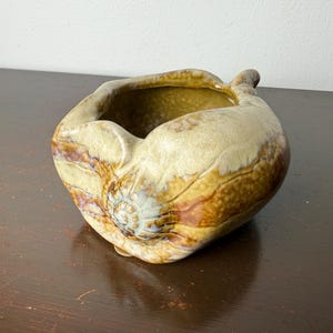 Może przedstawiać: Ceramiczna miska o unikalnym, organicznym kształcie. Misa ma mieszankę kolorów beżu, brązu i brązu, z teksturowaną powierzchnią. Wnętrze jest w ciemniejszym odcieniu brązu. Misa stoi na ciemnobrązowej powierzchni.