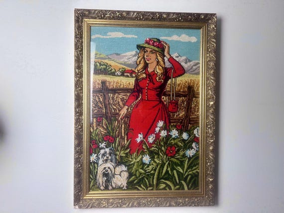 Vintage Lady in Red Dress Wiehler Gobelin Completed Needlepoint